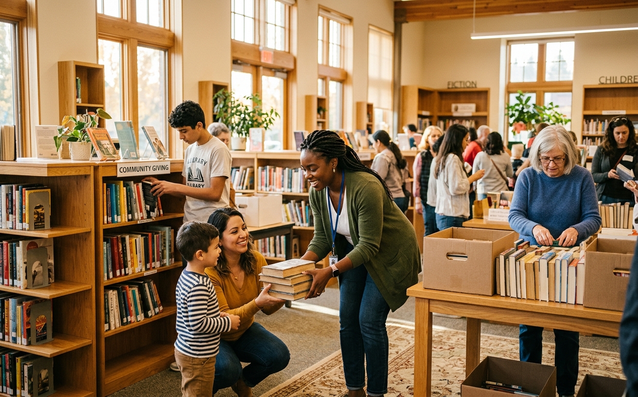 A diverse group at a community library book donation event