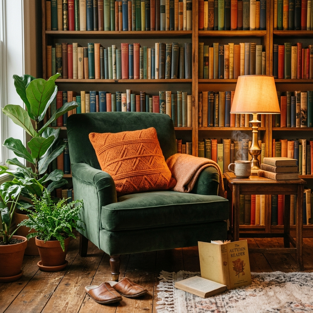 Cozy reading nook with green armchair, orange pillow, bookshelf, and warm lamp