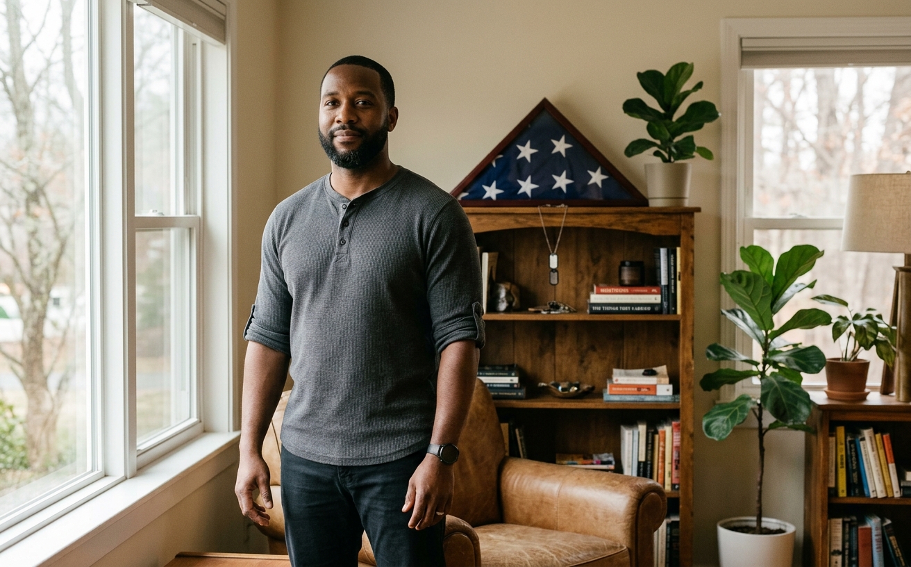 Evident — a Black veteran at home, folded flag and dog tags behind him