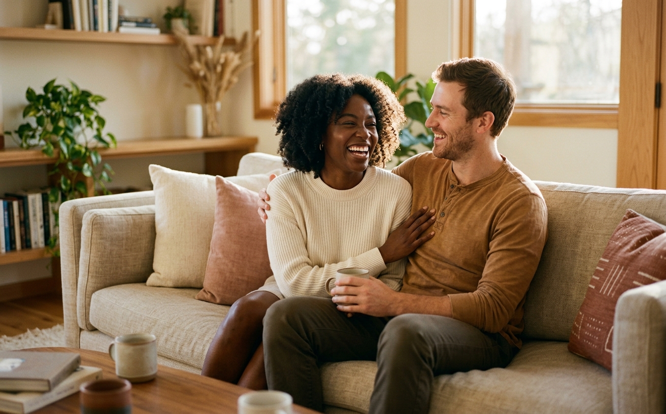 Kindred — an interracial couple laughing together at home