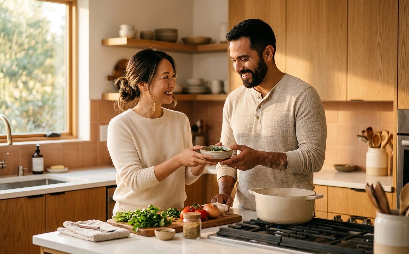 A couple cooking together in a bright kitchen — small everyday rituals of care