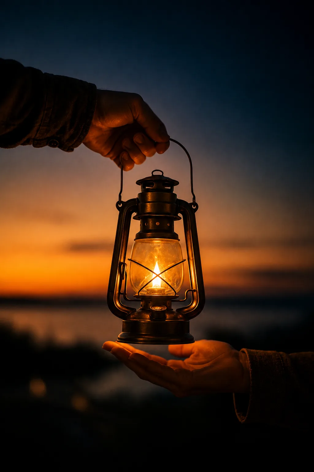 Hands passing a glowing lantern at dusk