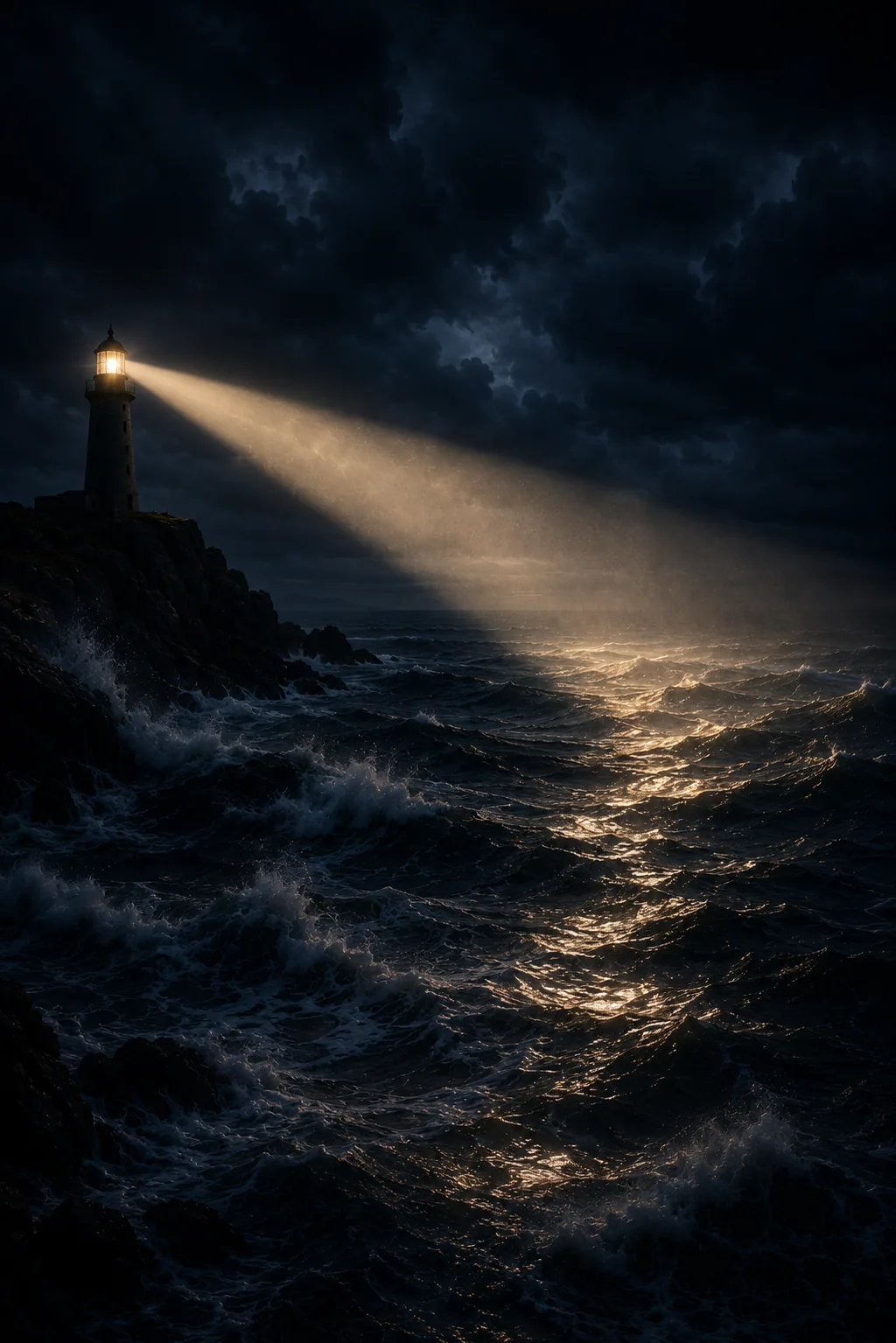 Stormy sea and lighthouse beam