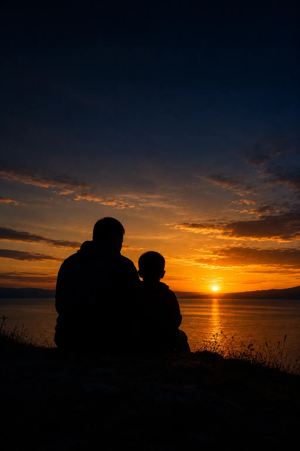 Parent and child looking at sunset