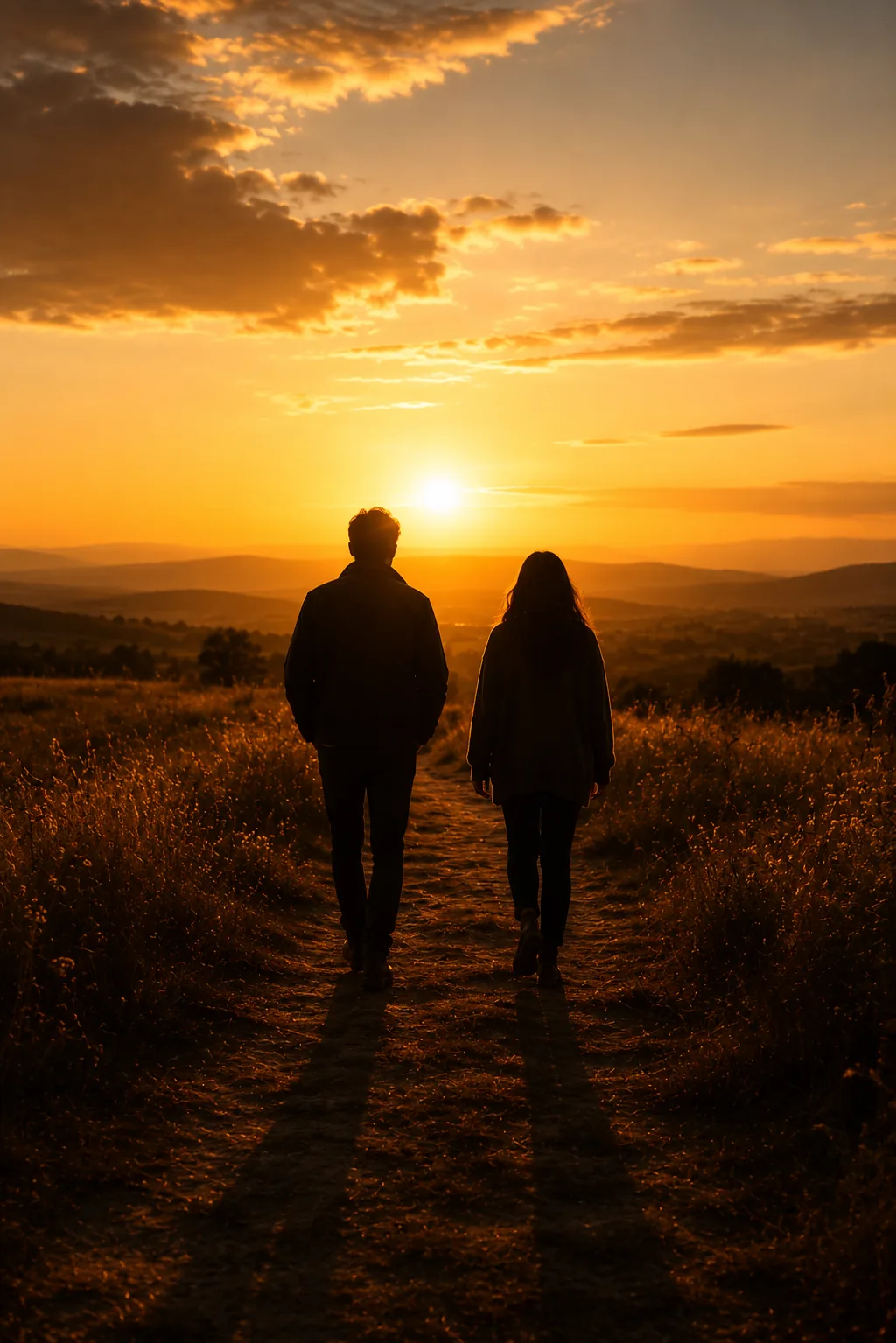 Two people walking together at sunset