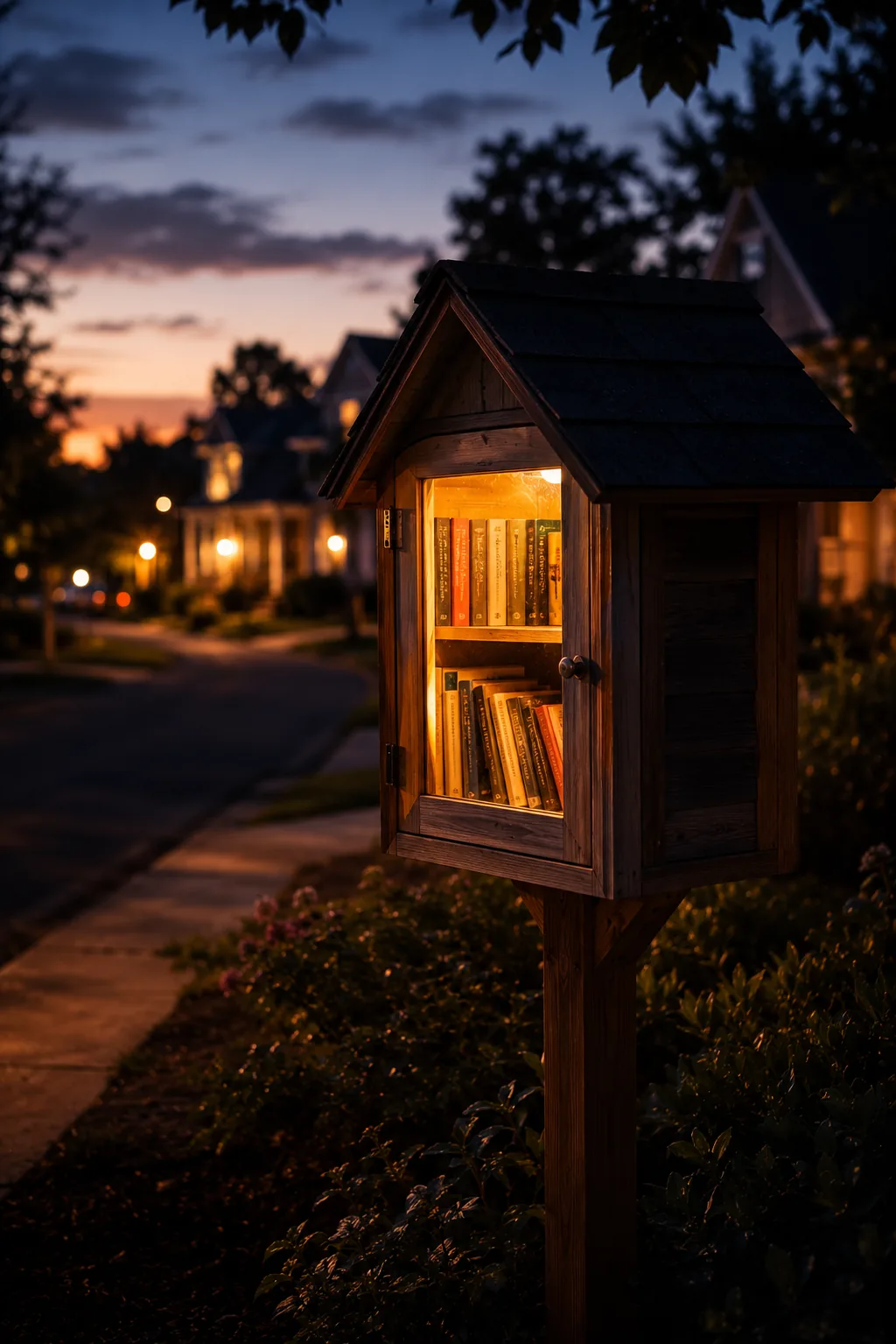 A glowing neighborhood book exchange