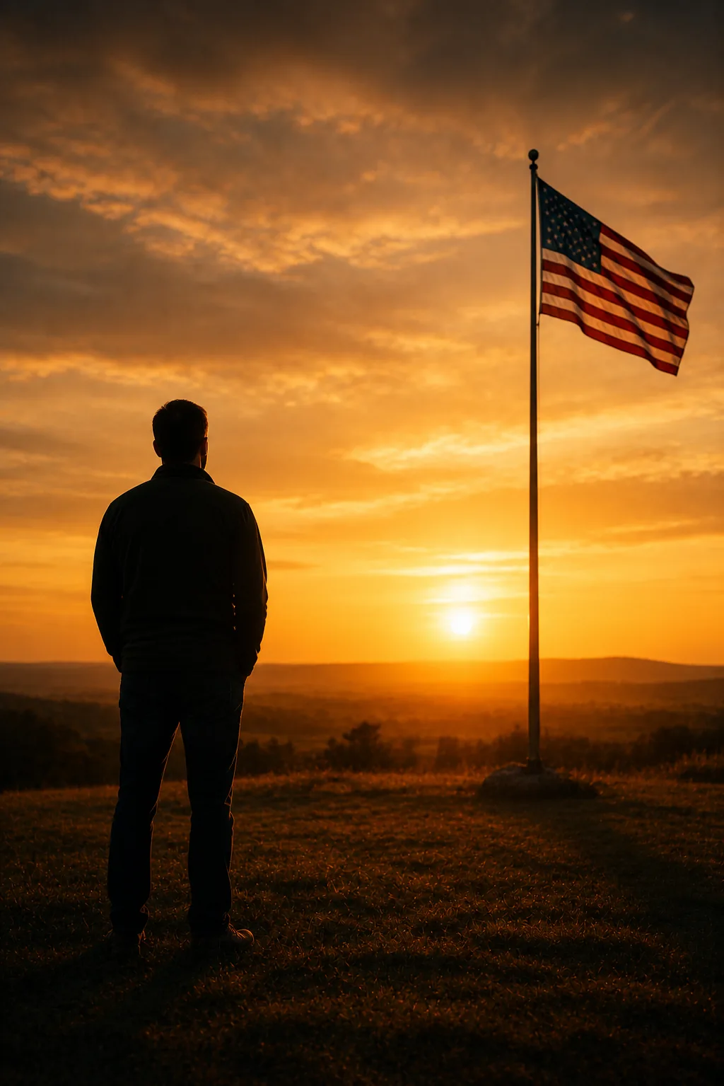 Civilian standing near an American flag