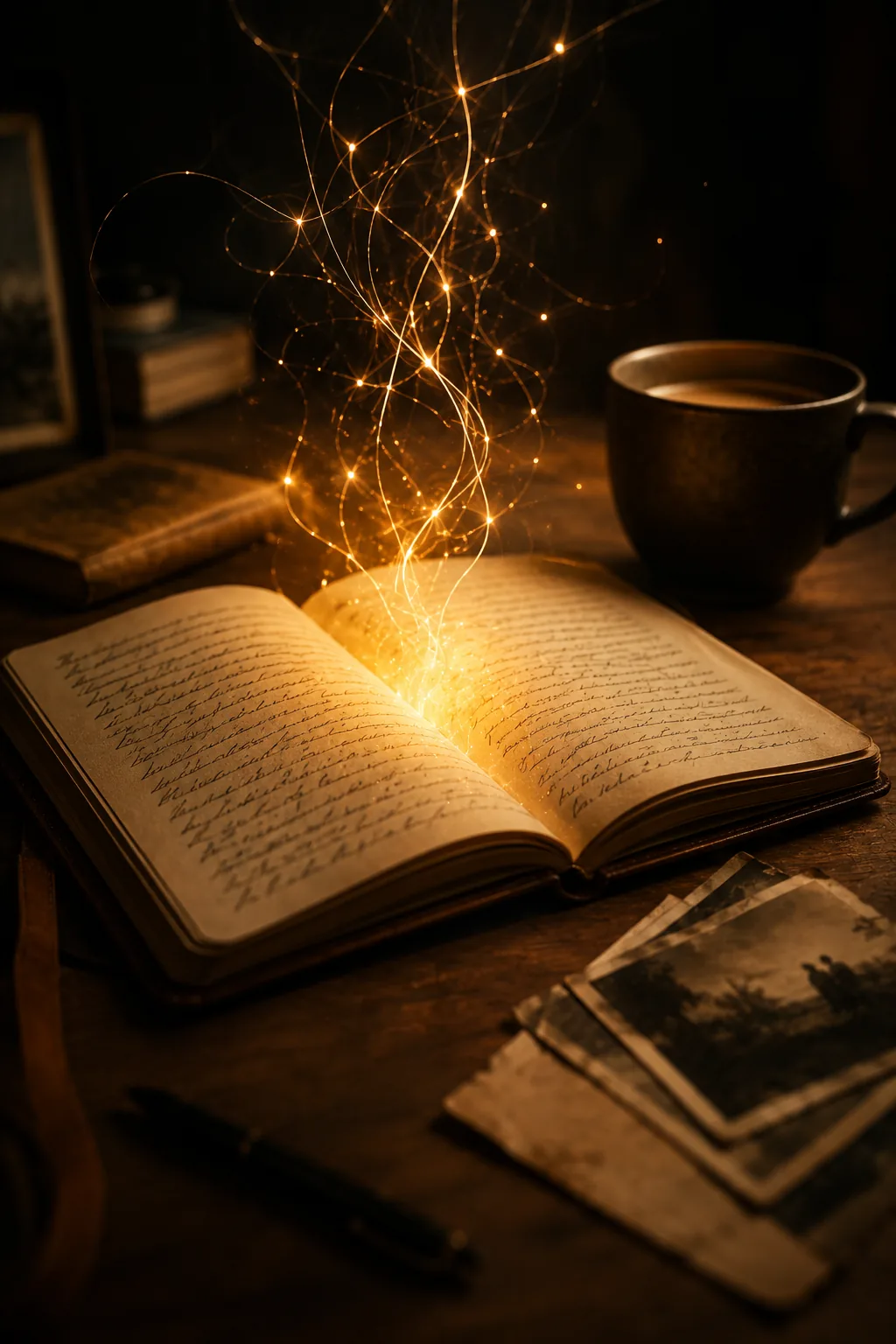 Open journal glowing with threads of light