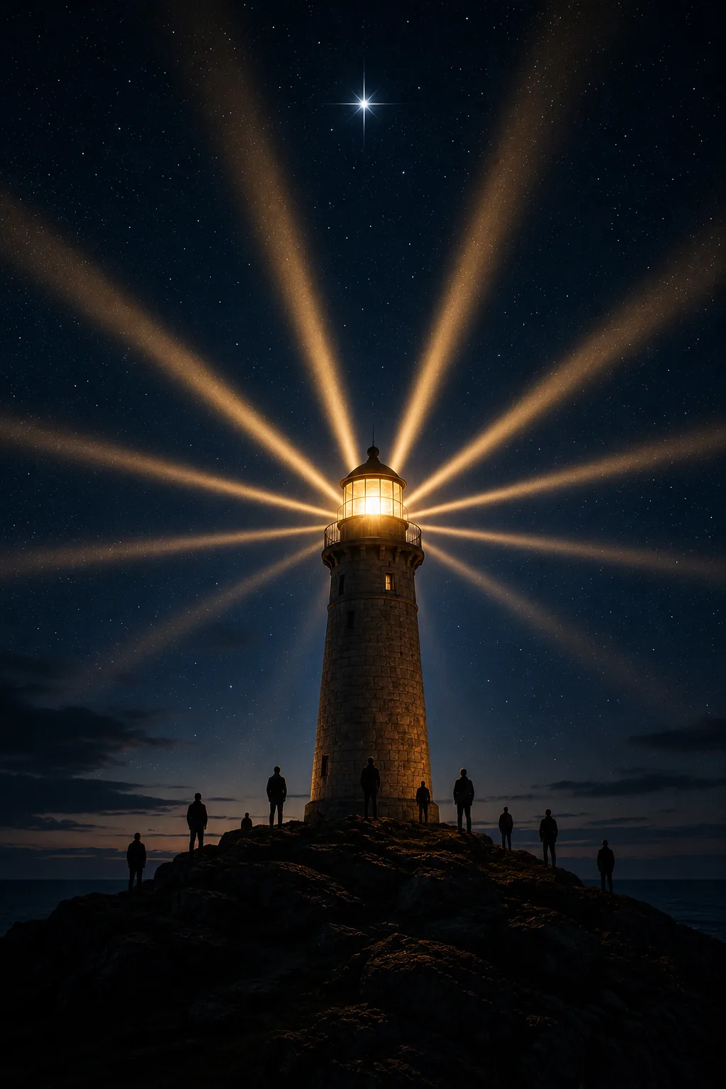Lighthouse radiating golden beams under a star